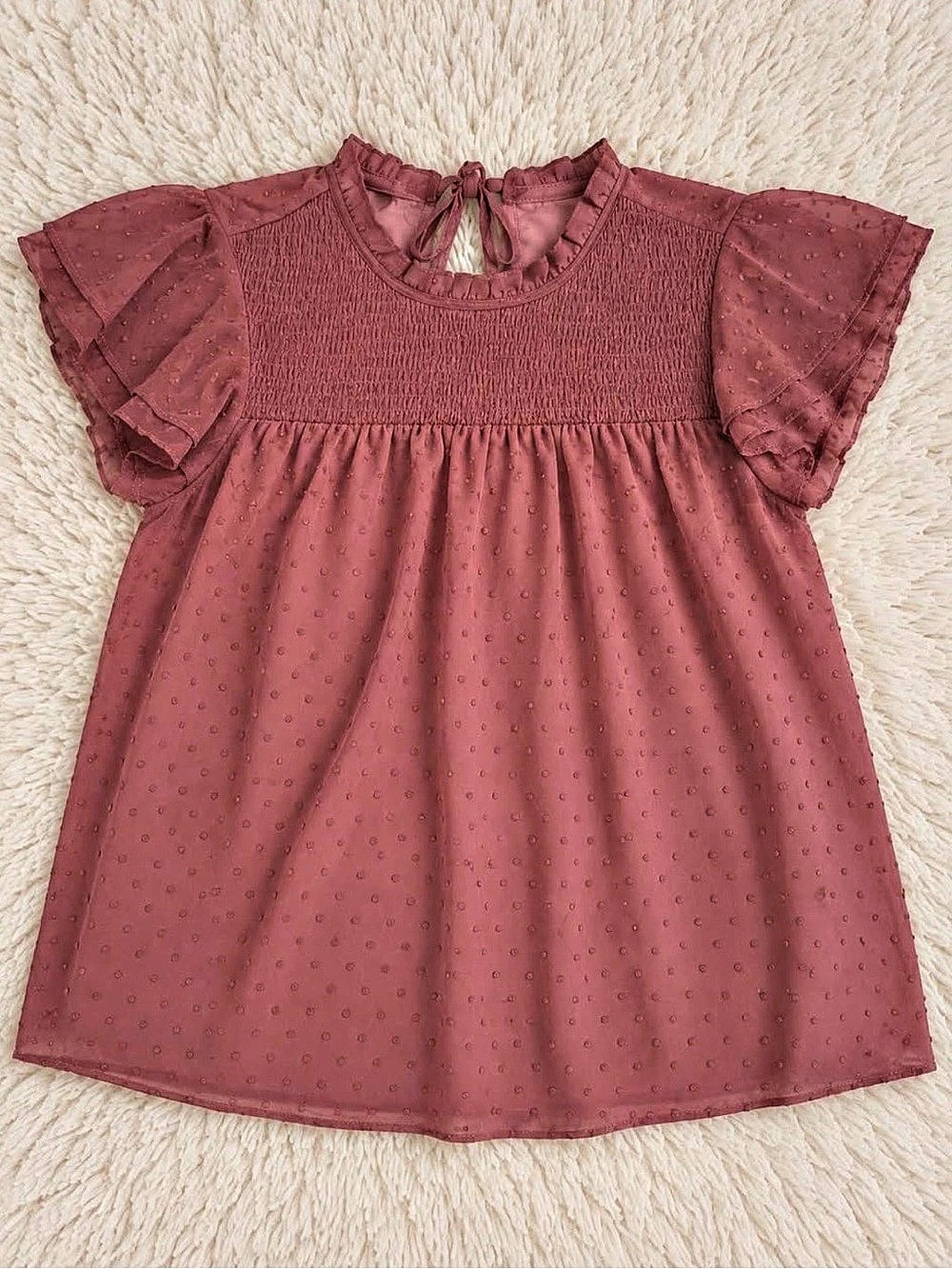 Dusty Rose Swiss Dot Smocked Flutter Sleeve Blouse